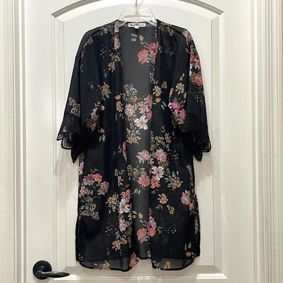 Wallflower Kimono XS Black Floral Open Front Lace Trim Beach Cover - Picture 1 of 7